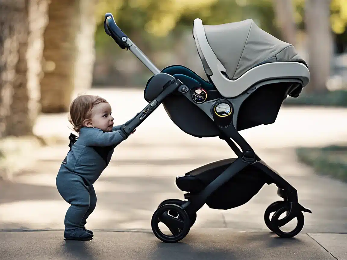 A baby standing next to a doona stroller