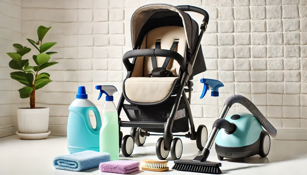 A stroller with different cleaning products