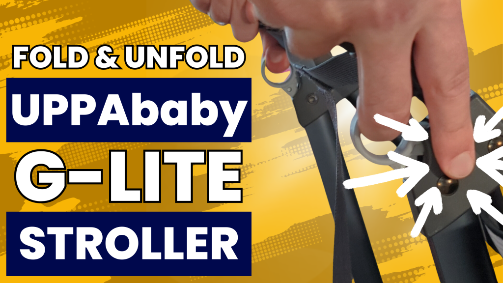 A picture showing what buttons to push of the uppababy G-lite stroller to fold and unfold.